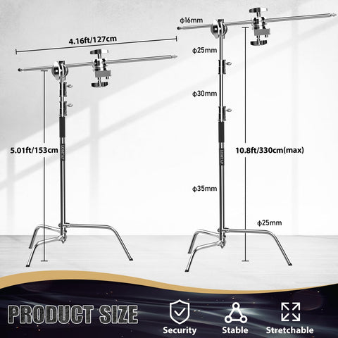 10.8ft Silver C Stand Light Stand Stainless Metal Photography Kit